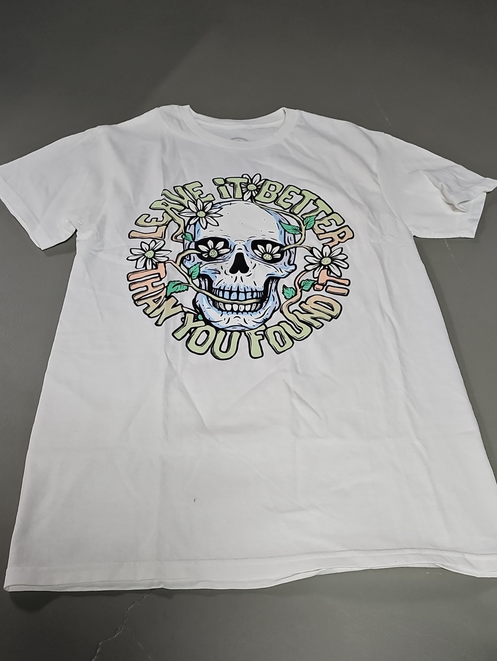 NWT DOM Leave It Better Than You Found It Graphic T-Shirt Floral Skull Hippie